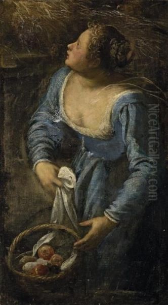 A Woman With A Basket Of Fruit, A Fragment Oil Painting by Jacopo Robusti, II Tintoretto