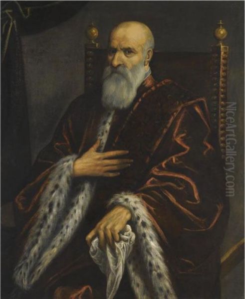 A Portrait Of A Bearded Venetian
 Senator, Seated, Three Quarterlength, Wearing A Red Velvet Robe With 
Fur Lining Oil Painting by Jacopo Robusti, II Tintoretto