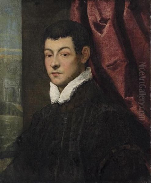 Portrait Of A Gentleman, 
Bust-length, In A Black Coat With A White Collar, By A Red Curtain Oil Painting by Jacopo Robusti, II Tintoretto