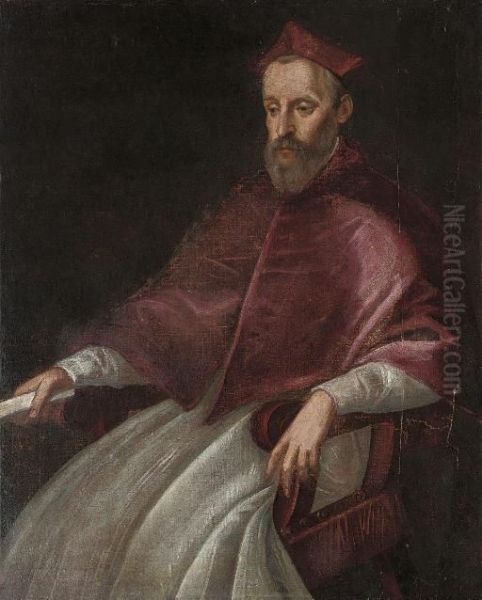 Portrait Of A Cardinal, Three-quarter-length, Seated, A Scroll In His Right Hand Oil Painting by Jacopo Robusti, II Tintoretto