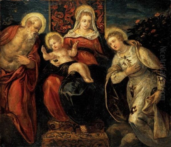 Madonna, Bimbo, San Girolamo E Santa Caterina Oil Painting by Jacopo Robusti, II Tintoretto