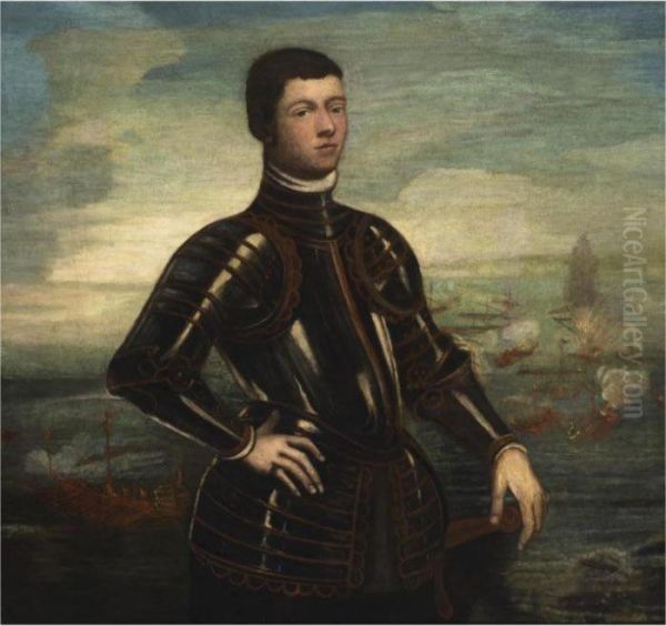 A Portrait Of A Young Admiral, 
Standing Three-quarter Length, Wearing Armour, Before A Naval Battle Oil Painting by Jacopo Robusti, II Tintoretto