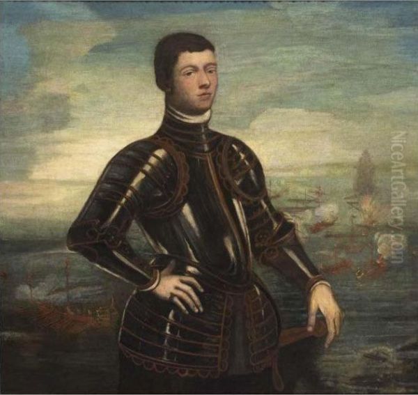 A Portrait Of A Young Admiral, 
Standing, Three-quarter Length, Wearing Armour, Before A Naval Battle Oil Painting by Jacopo Robusti, II Tintoretto