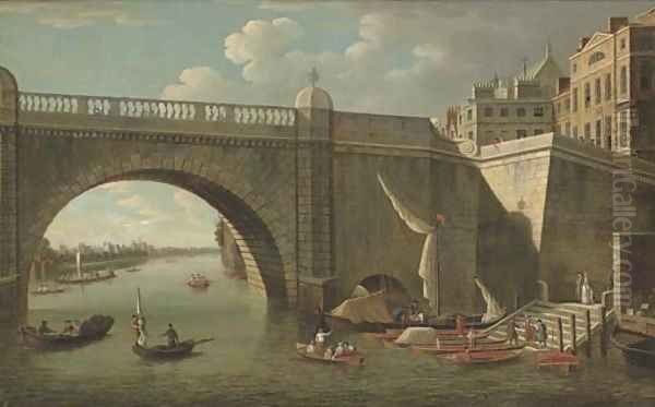 A view through Westminster Bridge looking west towards Lambeth Palace, with figures and boatmen in the foreground Oil Painting by Samuel Scott