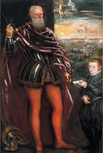 Ritratto Di Sebastiano Veniero Con Paggio, La Battaglia Di Lepanto Nello Sfondo Oil Painting by Jacopo Robusti, II Tintoretto