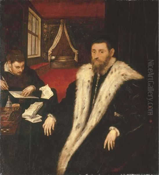 Portrait Of A Nobleman, 
Half-length, In A Coat Trimmed With Ermine, Seated At His Desk With His 
Secretary Oil Painting by Jacopo Robusti, II Tintoretto