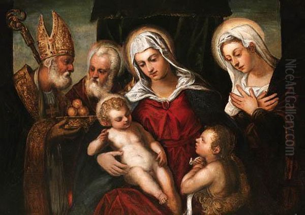 The Holy Family With The Infant 
Saint John The Baptist And Saints Catherine Of Alexandria And Nicholas 
Of Bari Oil Painting by Jacopo Robusti, II Tintoretto