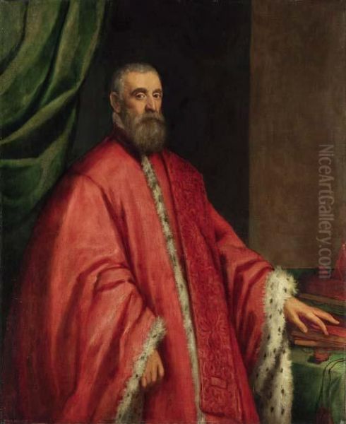 Portrait Of A Venetian Senator, 
Three-quarter-length, In Anermine-lined Robe, Beside A Table Oil Painting by Jacopo Robusti, II Tintoretto