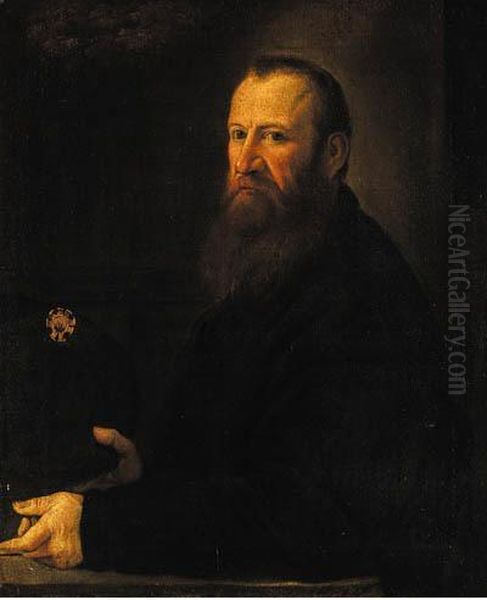 Portrait Of A Gentleman, Half-length, In Black Costume, Holding Ahat Oil Painting by Jacopo Robusti, II Tintoretto