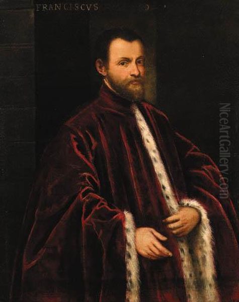 Portrait Of A Venetian Nobleman, Three-quarter-length, Wearing Anermine-lined Red Robe Oil Painting by Jacopo Robusti, II Tintoretto