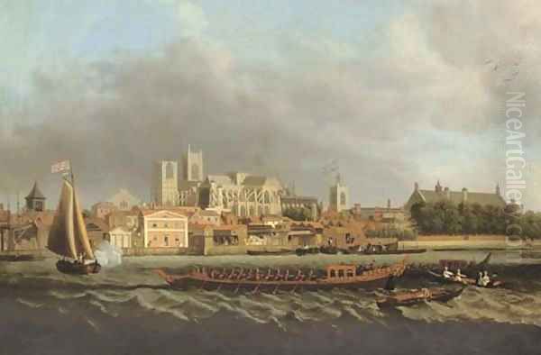 View of Westminster from Lambeth, with a Royal barge in the foreground Oil Painting by Samuel Scott