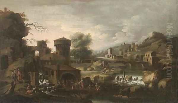 An extensive Italianate landscape with Tobias and the Angel Oil Painting by Sinibaldo Scorza