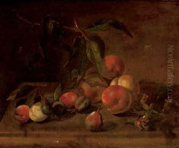 Peaches, plumbs and hazelnuts on a stone ledge Oil Painting by Tobias Stranover