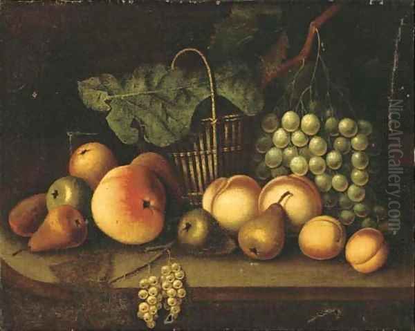 Grapes on the vine, pears, peaches, a wicker basket and other fruit on a ledge Oil Painting by Tobias Stranover