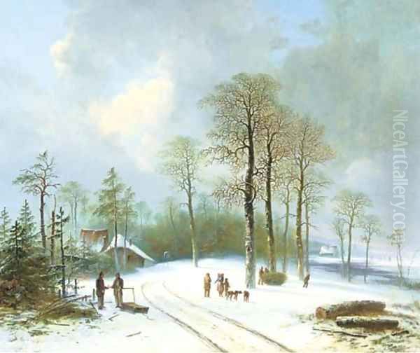 Figures on a snow-covered forest path Oil Painting by Acobus Loernsz. Sorensen