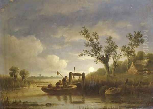 Fishermen at work by moonlight Oil Painting by Acobus Loernsz. Sorensen