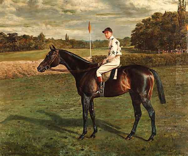 A bay Racehorse with Jockey-up, on a racecourse Oil Painting by Allen Culpepper Sealy