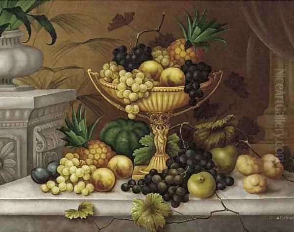 Still Life of grapes, peaches and a pineapple in an ewer on a ledge surounded by other fruit Oil Painting by Edwin Steele