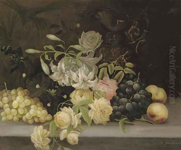 Lillies and roses, hollyhocks, grapes and peaches Oil Painting by Edwin Steele