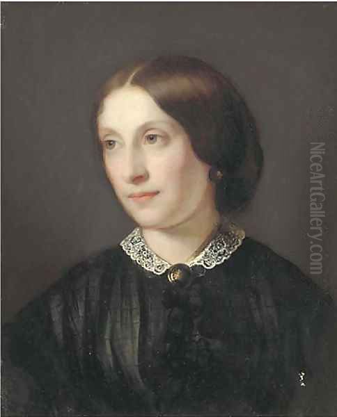 Portrait of a lady, bust-length in a black dress with white lace collar Oil Painting by Guido Schmitt