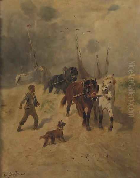 A team of horses on the beach, fishing-smacks in the background Oil Painting by Henry Schouten