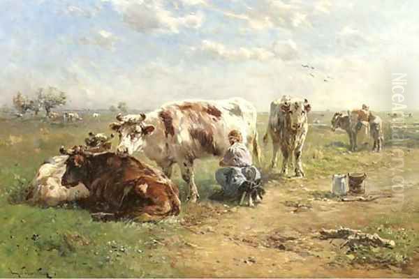 Milking the cows Oil Painting by Henry Schouten