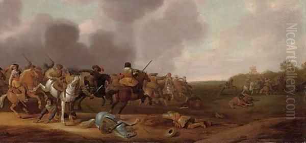 A cavalry skirmish Oil Painting by Jan Jacobsz. Van Der Stoffe