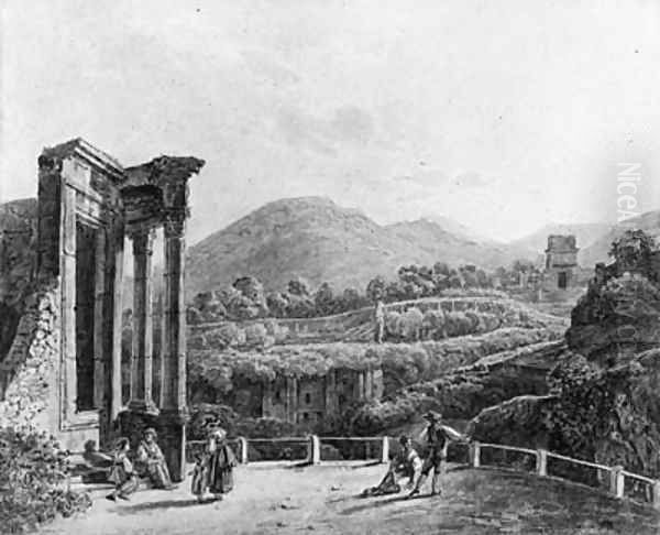 The Temple of the Sybills at Tivoli with Figures overlooking the Ruins of the Villa Gregoriana Oil Painting by Johann Nepomuk Schodlberger