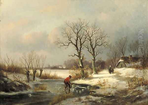 A winter landscape with a figure near a hole in ice Oil Painting by Louis Sierich