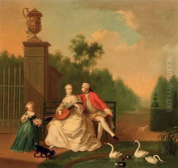 An Elegant Couple On A Bench By A
 Pond With Swans And Ducks, A Girl By Their Side, In A Park Landscape Oil Painting by Johann Heinrich The Elder Tischbein