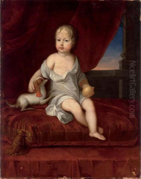 A Portrait Of A Young Boy, 
Seated Full-length On A Red Pillow, Holding A Lemon In His Hand, 
Together With A Dog Oil Painting by Johann Heinrich The Elder Tischbein