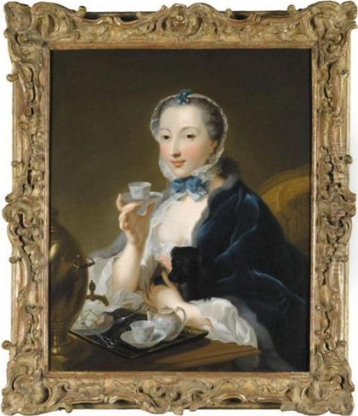 Artist's Wife Marie Sophie 
Robert Behind A Table And Holding A Cup Of Tea Oil Painting by Johann Heinrich The Elder Tischbein