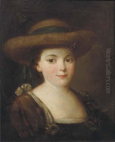 Portrait Of A Lady, Bust-length, Wearing A Brown Dress And Hat Witha Green Ribbon Oil Painting by Johann Heinrich The Elder Tischbein