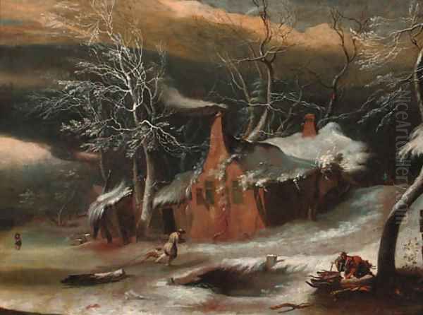 A winter landscape with woodmen before a cottage Oil Painting by Willem Schellincks