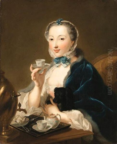 Portrait Of The Artist's Wife, 
Marie Sophie Robert, Half Length,with A Dog And Holding A Tea Cup Oil Painting by Johann Heinrich The Elder Tischbein