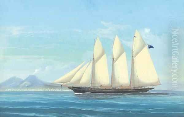 A three-masted schooner in the Mediterranean off Naples Oil Painting by A. De Simone