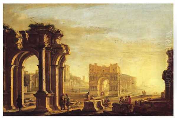 A capriccio of a Mediterranean port with figures amongst classical ruins Oil Painting by Alessandro Salucci