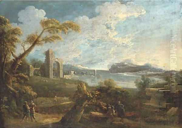 An Italianate landscape with figures on a track and classical ruins beyond Oil Painting by Antonio Carlo Tavella, Il Solfarola