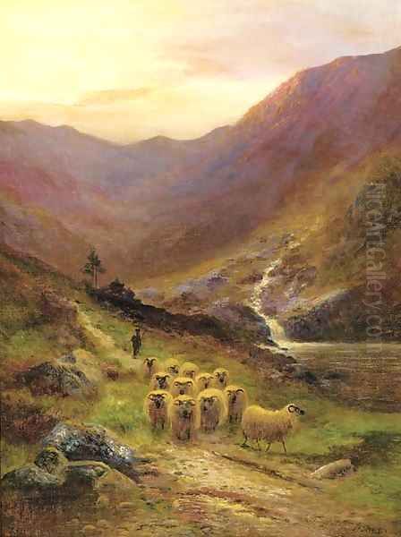 A shepherd and his flock in a Highland landscape Oil Painting by Daniel Sherrin