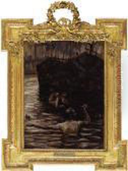 Renee Mauperin: Renee And Reverchon Swimming In The Seine Oil Painting by James Jacques Joseph Tissot