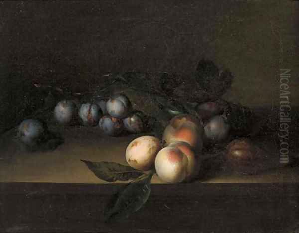 Plums, peaches and a fig, on a ledge Oil Painting by George William Sartorius