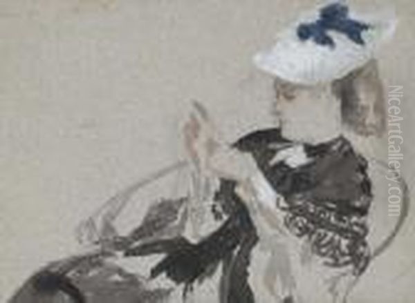 A Young Woman, Seated In Profie To The Left, Wearing A Hat Oil Painting by James Jacques Joseph Tissot