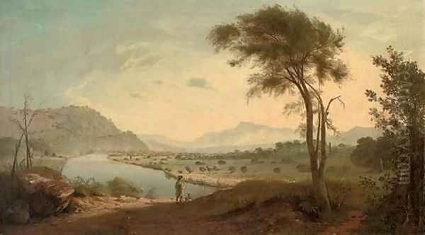 View of the Valley of the Lune, with the Lune river, Lancaster, and a figure with his dog in the foreground Oil Painting by George, of Chichester Smith