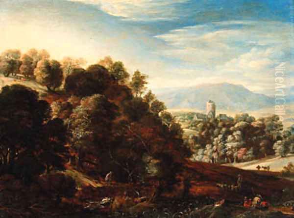 A wooded landscape with shepherds resting on a hillside Oil Painting by Herman Saftleven