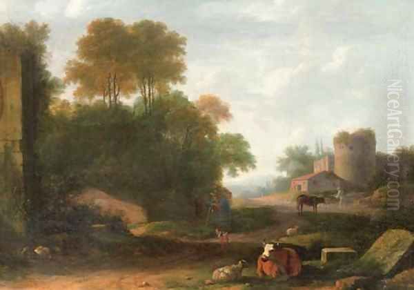 An Italianate landscape with peasants attending their cows and sheep among ruins Oil Painting by Herman Van Swanevelt