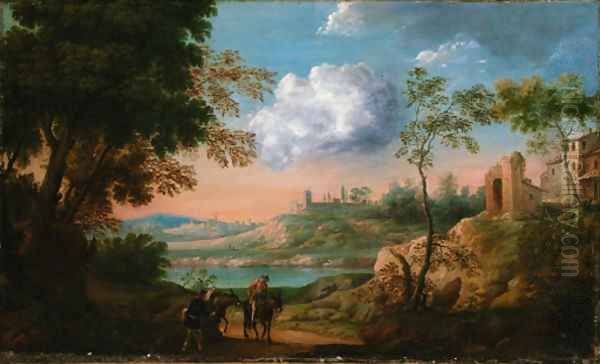 An Italianate landscape with travellers and donkeys on a track Oil Painting by Herman Van Swanevelt