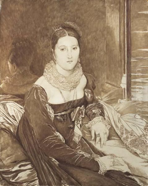 Portrait Of Vicomtesse De 
Senonnes, Nee Marie Marcoz, After Ingres, Three-quarter Length, Seated 
On A Sofa Oil Painting by James Jacques Joseph Tissot