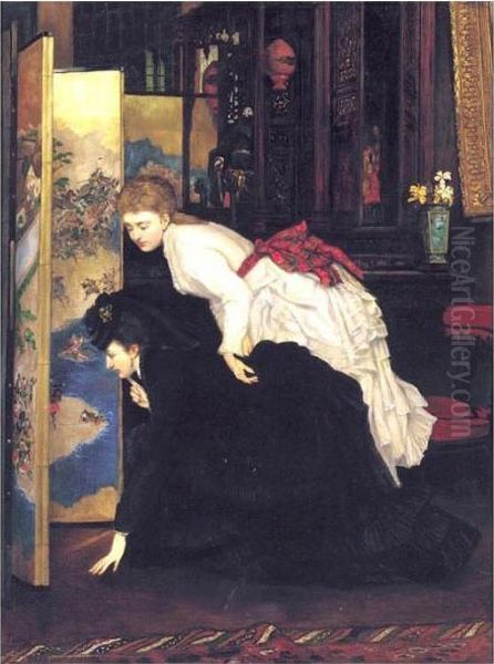 Jeunes Femmes Regardant Des Objects Japonais Oil Painting by James Jacques Joseph Tissot