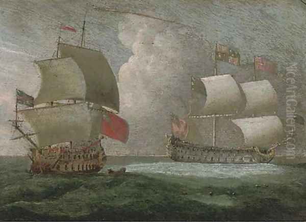 A Royal Yacht and a Royal Naval two-decker in close quarters Oil Painting by Isaac Sailmaker