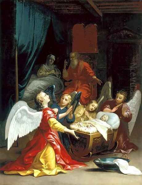 The Birth of the Virgin with adoring angels Oil Painting by Jacques Stella